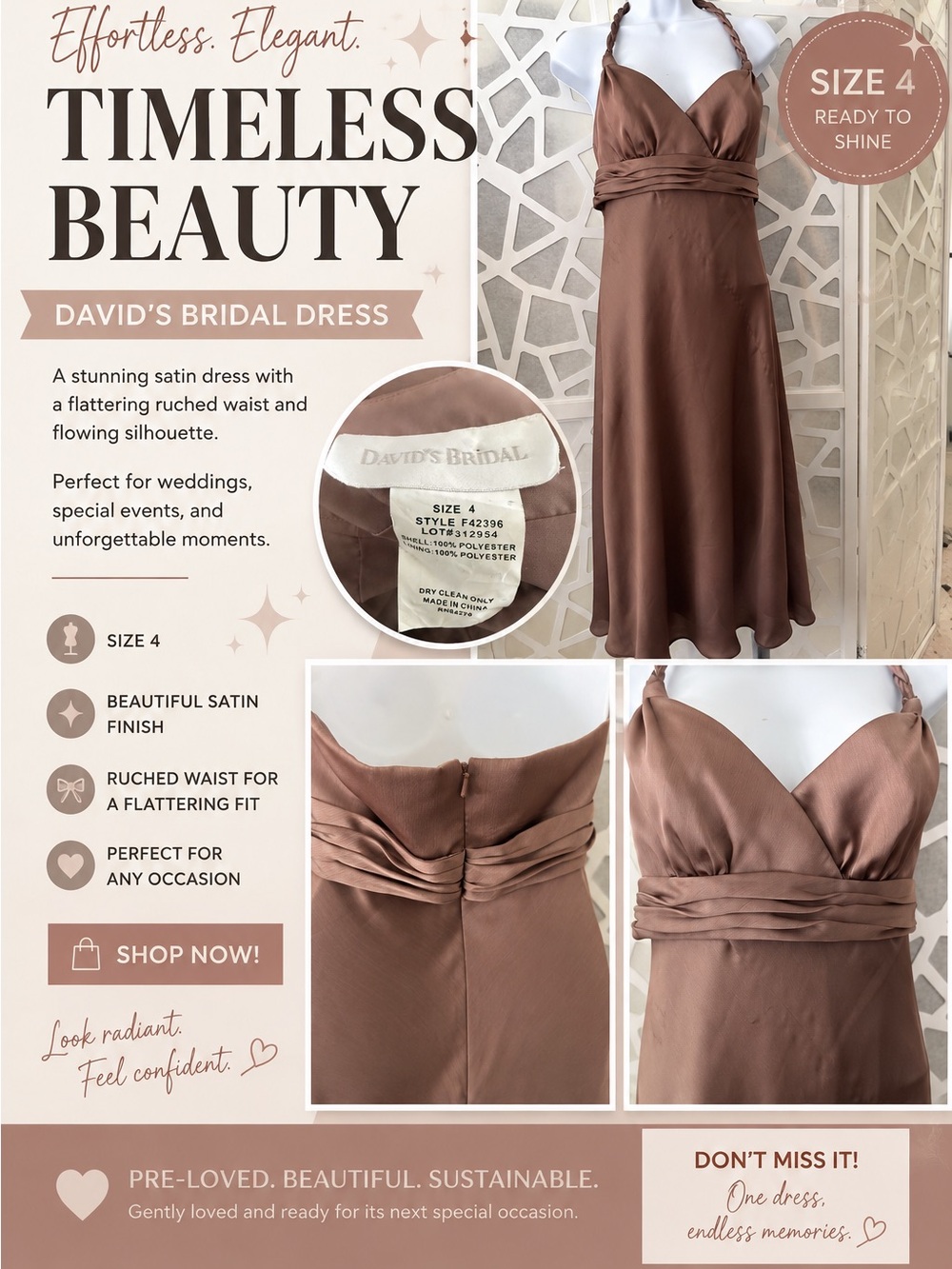 David's Bridal Dusty Brown Satin Midi Dress with Ruched Waist